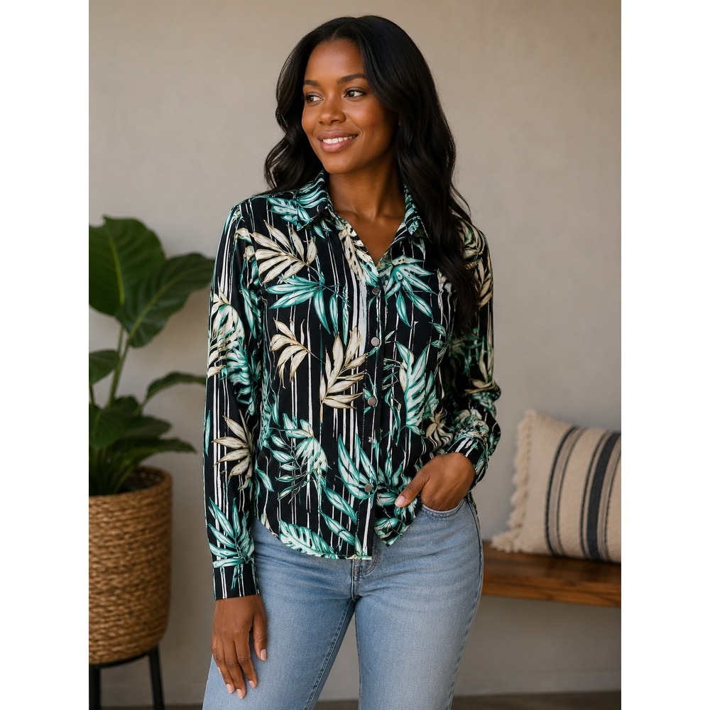 Onque Casuals Women's Medium Tropical Leaf Snap Front Shirt Black Teal